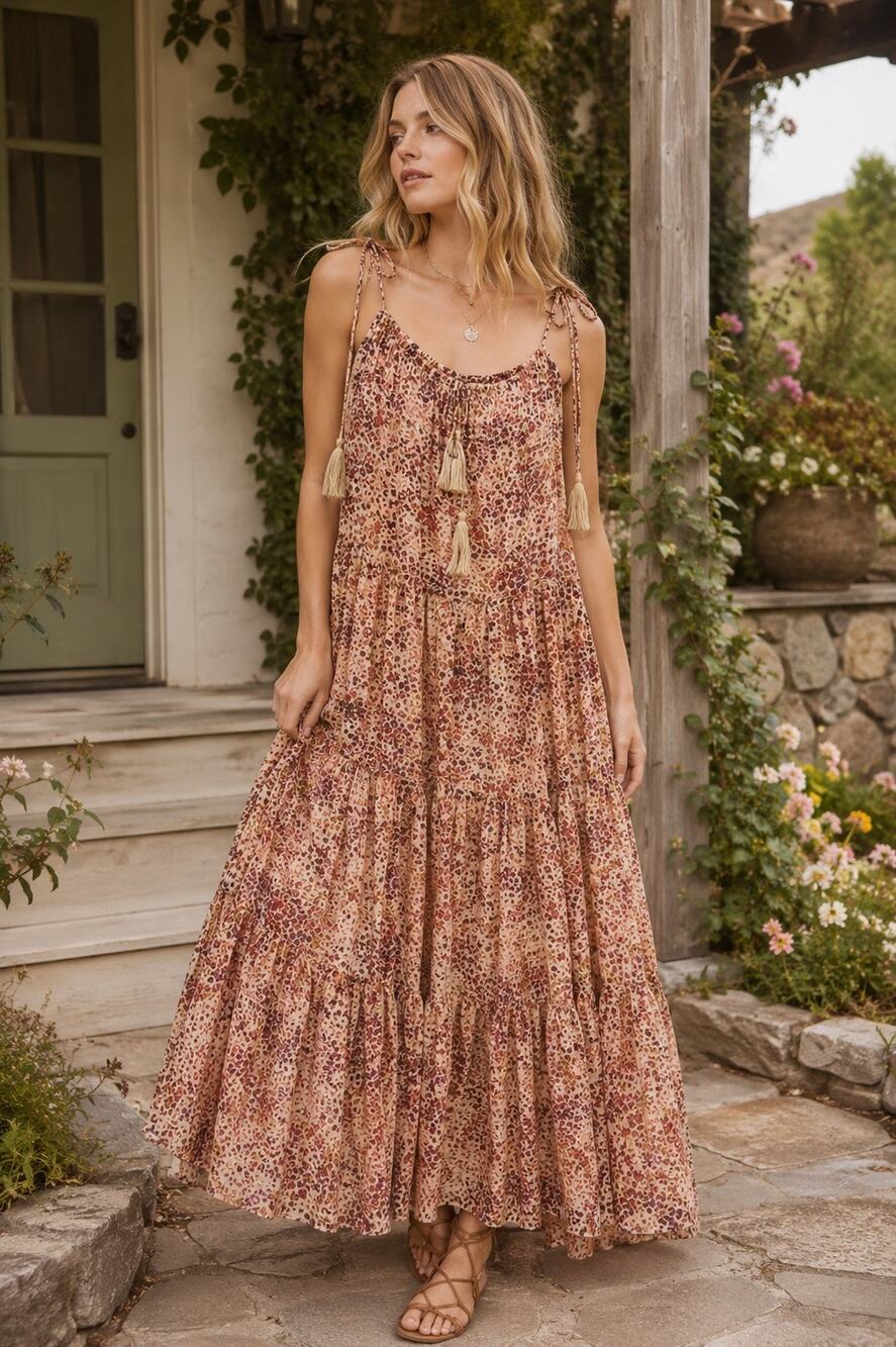 Storia Ditsy Floral Tiered Maxi Dress Pink Prairie Cottage
